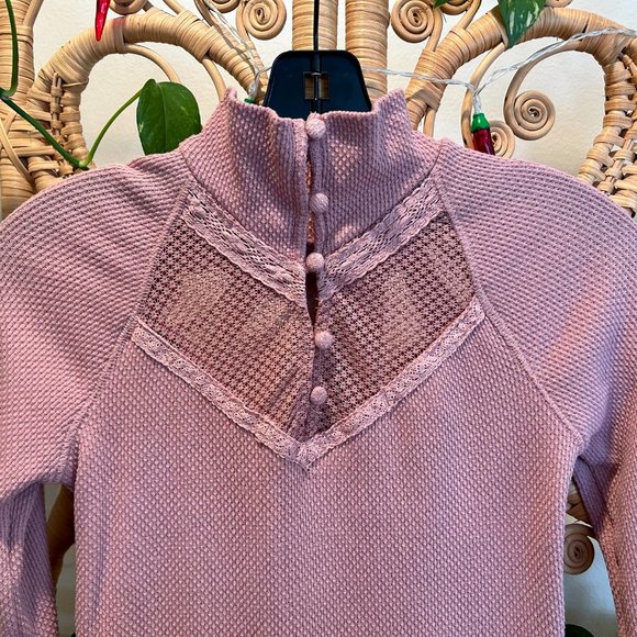 Free People Victorian High Collar Lace and Mesh Dusty Rose Long Sleeve Shirt - Picture 4 of 7